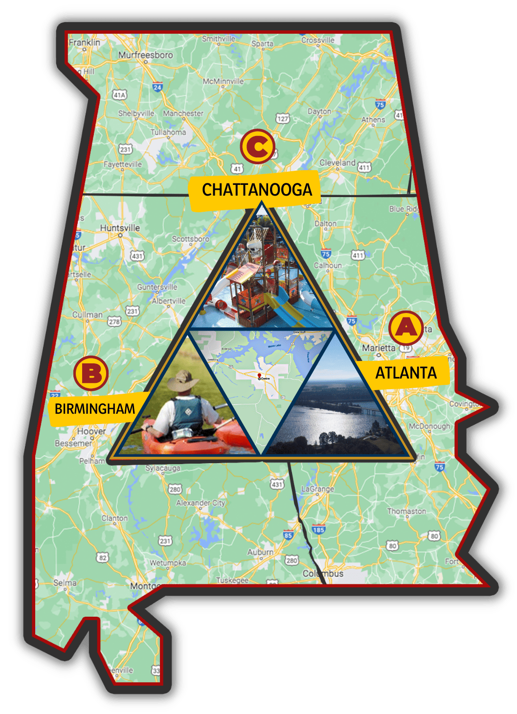 ABC Triangel City of Centre Alabama Cherokee County Map